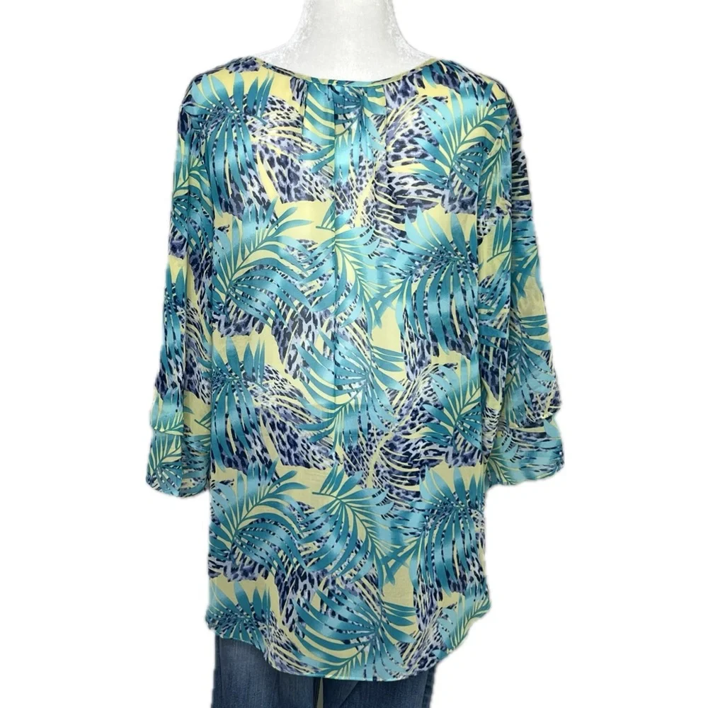 Chico’s Blouse Tropical Leopard Semi Sheer Ruffle Sleeve Green Blue 12 Large L - Picture 8 of 11